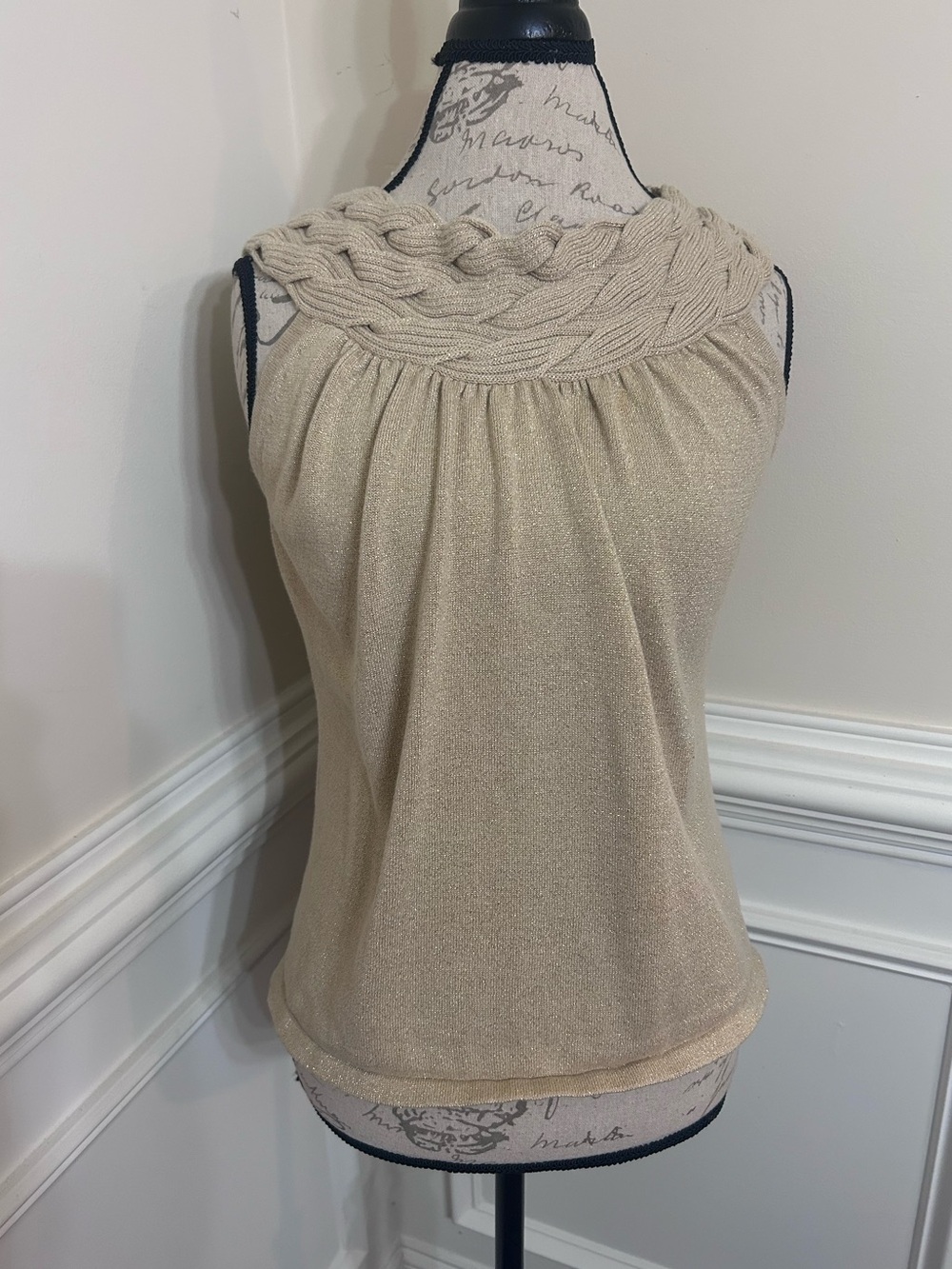C’est City Shimmery Cream Braided-Neckline Sleeveless Top